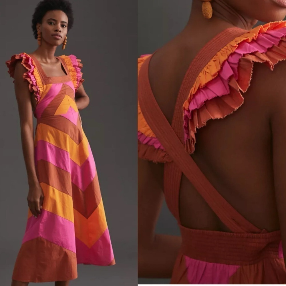 Anthropologie Love the Label Ruffled Colorblocked Midi Dress Size XS